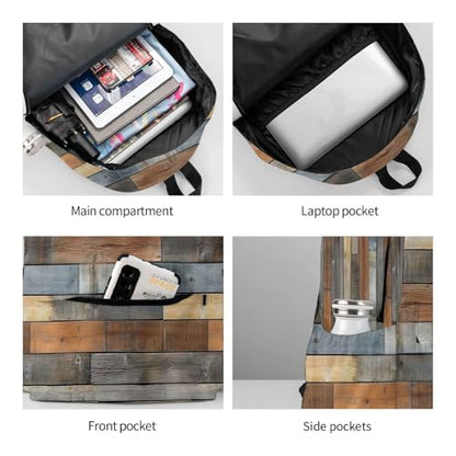 KiuLoam 17 Inch Large Capacity Backpack Rustic Wooden Texture Laptop Backpack Shoulder Bag School Bookbag Casual Daypack For Teenager