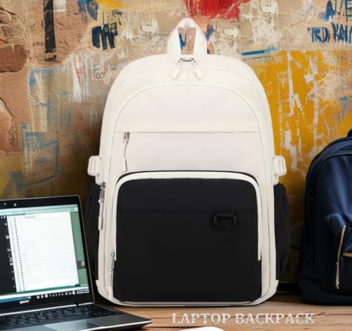 JIANYA Laptop Backpack for College Women Travel Backpack Big Student School Bag, Water Resistant Fits 15.6" Notebook - color: Beige+black