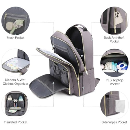 LOVEVOOK Diaper Bag Backpack, Quilted Baby Bag with Changing Pad & Pacifier Holder, Waterproof Travel Diaper Bags for Baby Boys Girls, Stylish and Large Capacity, Purple Grey - color: Purple Grey