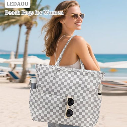 LEDAOU Beach Bag Waterproof Sandproof Women Beach Tote Pool Bag with Zipper for Swim Gym Grocery Travel with Wet Pocket | Sandproof - color: Checkered-light Gray
