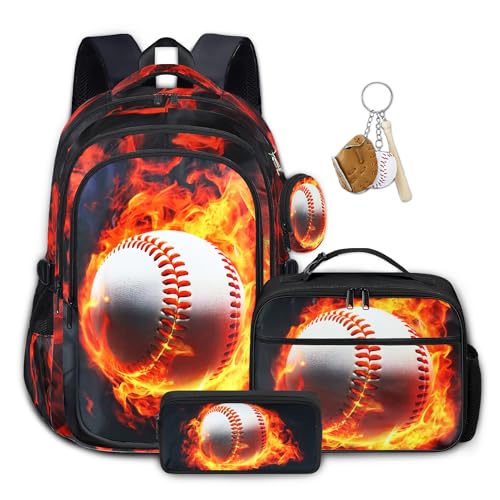 Boys Baseball Backpack with Lunch Box, Kids Backpack Set for School, 17inch Bookbag with Pencil Case Coin Purse Red - color: Baseball