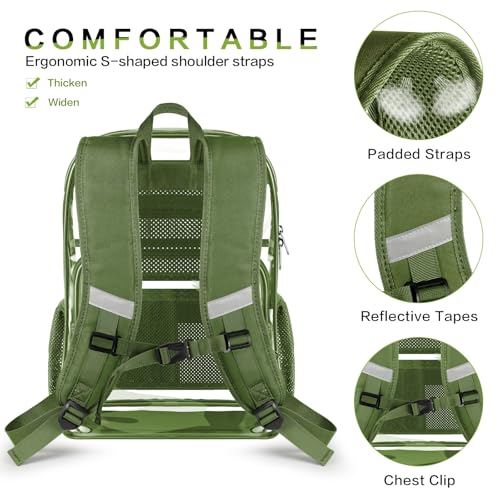 Clear Backpack Heavy Duty Large Transparent Backpack with Reinforced Bottom Multi-pockets for College, Travel, Workplace Security - Green - color: Green