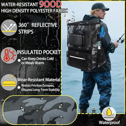 Fishing Backpack with Rod Holder, Large 50L Tackle Bag Water Resistant Tackle Backpack Heavy Duty Fishing Bag Gift for Men Woman - color: B: Camo Gray