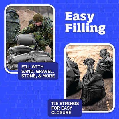 DURASACK Heavy Duty Sand Bags with Tie Strings Empty Woven Polypropylene Sand-Bags for Flood Control with 1600 Hours of UV Protection, 50 lbs Capacity, 14x26 inches, Black, Pack of 20 - color: Black, size: 20 Sandbags