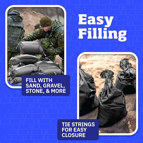 DURASACK Heavy Duty Sand Bags with Tie Strings Empty Woven Polypropylene Sand-Bags for Flood Control with 1600 Hours of UV Protection, 50 lbs Capacity, 14x26 inches, Black, Pack of 50 - color: Black, size: 50 Sandbags