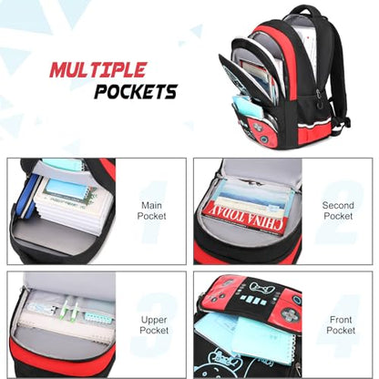 Bevalsa Backpack for Boys with 43OZ Bento Lunch Box,Insulated Lunch Bag & Pencial Case,Cool Luminous Gamer Schoolbag for Kids Teens Elementary Middle School,Bookbag Glow In The Dark - color: Red, style: Backpack With 43oz Bento Box