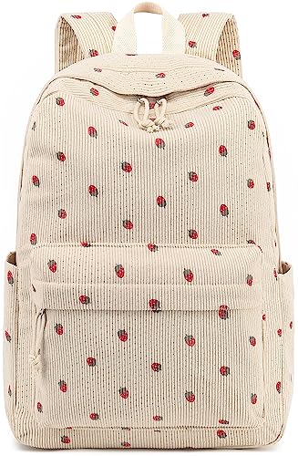 Bluboon School Backpack for Teen Girls Bookbags Elementary High School Corduroy Laptop Bags Women Travel Daypacks - color: Corduroy Strawberry Beige