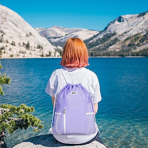 WANDF Drawstring Backpack Sports Gym Sackpack with Mesh Pockets Water Resistant String Bag for Women Men (Purple) - color: Purple