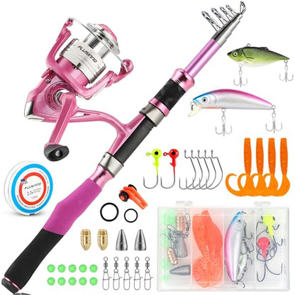 Fishing Rod and Reel Combos, Fishing Gear Gifts for Women with Spinning Reel, Lures, Line, Pink Ladies Telescopic Pole Kit Designed for Girls Adults by PLUSINNO - size: 5.91 ft - Complete Kit