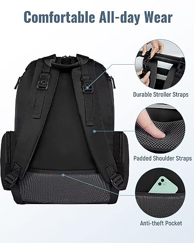 Mancro Diaper Bag Backpack, Multifunctional Dad Diaper Bag with 2 Side Insulated Pockets, Travel Water Resistant Baby Diaper Backpack for Men Women with Stroller Straps, Black - color: Black, size: Large