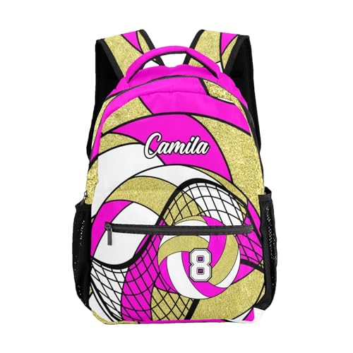 Volleyball Deep Pink Gold Multifuction Waterproof Backpack with Name Custom Shoulders Bookbag for Birthday Holiday Gift - color: Volleyball Deep Pink Gold