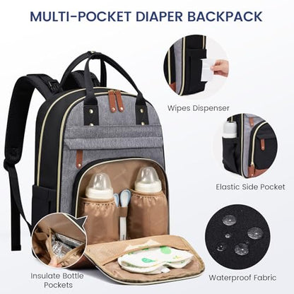 LOVEVOOK Diaper Bag Backpack, Baby Bag with Changing Pad, Large Diaper Backpack Boy Girl, Waterproof Baby Registry Bag for Mom Dad with Stroller Buckles, Black-grey-brown - color: Black-grey-brown