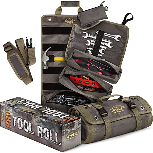 The Ryker Official PRO Tool BAG Organizer Heavy Duty Foldable Storage Bag with Detachable Pouches, Wrench Holder, Rugged Canvas for Mechanics, Electricians, Motorcycle Use, Practical Gift for Dads - style: Gray PRO