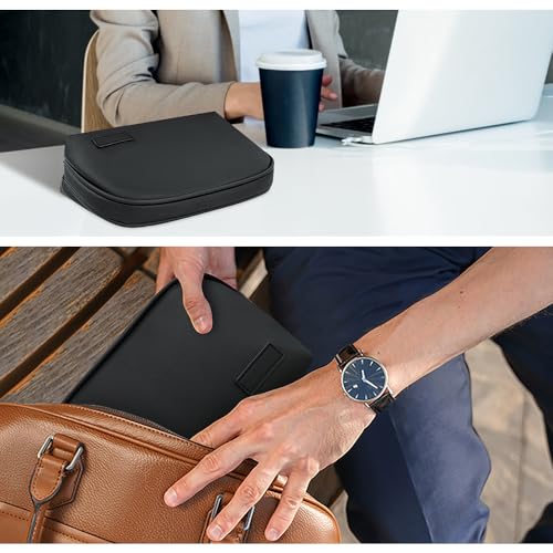 Luxury Travel Organizer Bag for Tech, Cables, Cords, Accessories, Carry Case, Premium Solid Pattern Multi Space Pockets, Water-Shock-Dust-Proof, Hard Shell Storage Bag with Compartments, Black