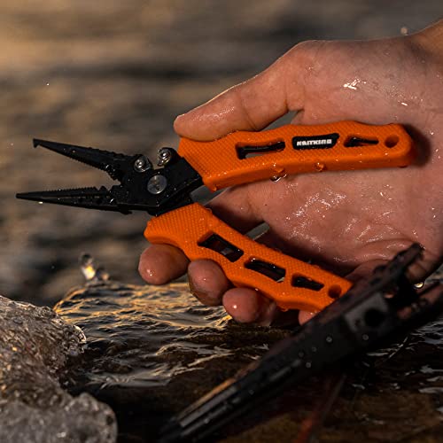 KastKing Cutthroat 7.5-inch Braid Scissors and Pliers Set - Saltwater Resistant Fishing Gear, Line Cutter, Hook Remover, Fishing Tool Set, Gift for Men - style: A: Split Ring Plier and Scissor - Orange
