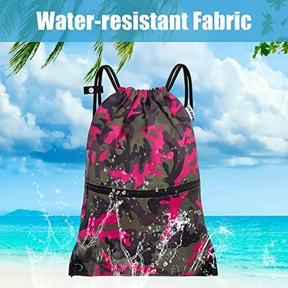 draw string back bag, Large Gym Sports string backpack for men and women with front zipper pocket and inside zipper pocket to keep key or phone(Pinkgreen camo) - color: Pink Green Camo, style: Drawstring With Front Pocket