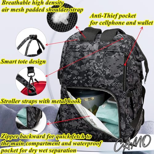 Camo Diaper Bag Backpack for Dad and Mom with USB Charging Port Stroller Straps and Insulated Pocket,army military Travel Nappy Backpack (DADDY and MOMMY patches) - color: Black Camo