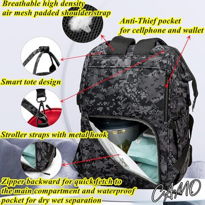 Camo Diaper Bag Backpack for Dad and Mom with USB Charging Port Stroller Straps and Insulated Pocket,army military Travel Nappy Backpack (DADDY and MOMMY patches) - color: Black Camo
