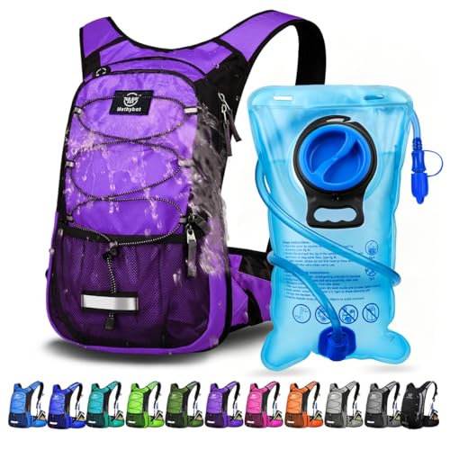 Mothybot Insulated Hydration Backpack Pack with 3L BPA Free Leak Proof Water Bladder, Large Storage Lightweight Hiking Daypack with Waist Pouches & Cooler Layer, for Running, Biking, Camping, Festival - color: Purple