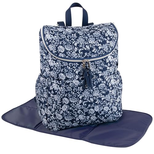 Multi-Function Floral Diaper Backpack and Travel Nappy Baby Bag with Changing Pad and Stroller Straps - color: Navy Blue Floral