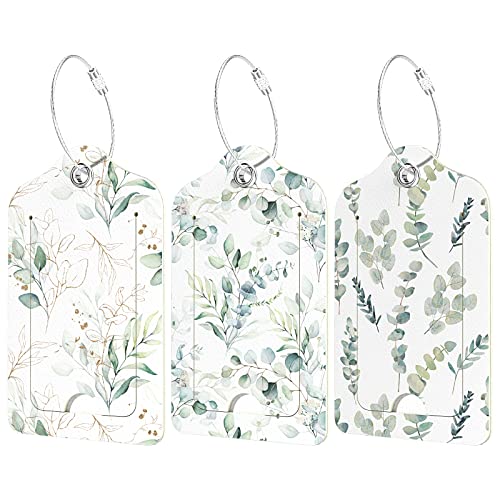 Rimilak 3 Pcs PU Leather Luggage Tags for Suitcase, Travel Cruise Luggage Tag with Privacy Flap, Name ID Label and Metal Loop for Women Men Baggage Handbag School Bag Backpack, Green Leaves - color: Green Leaves