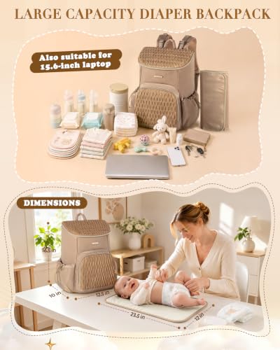Marscamd Diaper Bag Backpack with Changing Pad, Large Baby Bag, Camel | with Stroller Straps, Insulted Bottle Pockets, Luggage sleeve, for Travel & Labor Delivery - color: Camel