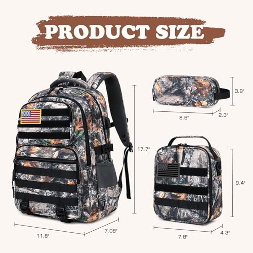 Camo Backpack for Boys, Tactical Boys Backpack with Lunch Box Pencil Case, Kids Backpacks with USB Charging Port, Military Army School Bookbag for Teen Boy Elementary Middle High School Camp - color: Brown Leaves