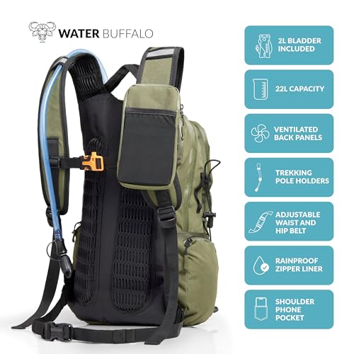 Water Buffalo Hydration Backpack - Sherpa 22L Hiking Backpack with Water Bladder - Water Backpack for Hiking with Waterproof Zippers, Phone & Pole Holders - color: Canopy