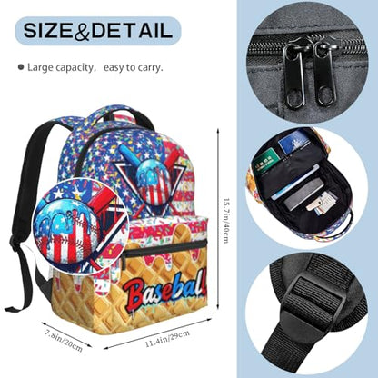 Baseball Ice Cream Drip School Backpack for Kids Boys American Flag Sports Ball Backpack for Kids Children Teens Elementary Middle School Baseball Theme Bookbag Travel Back Pack - color: Ice Cream Baseball