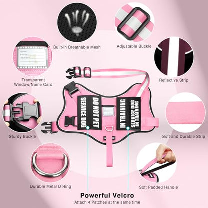 Service Dog Vest Harness and Leash Set+10 Patches,No Pull&Easy Walk Reflective Dog Harness with Soft Padded Handle for Training/Everyday,Fit Small/Medium/Large/Extra-Large Dogs(Pink S) - color: Pink, size: Small
