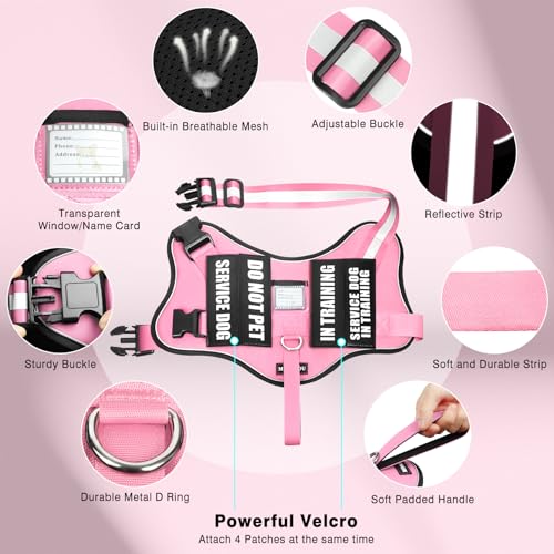 Service Dog Vest Harness and Leash Set+10 Patches,No Pull&Easy Walk Reflective Dog Harness with Soft Padded Handle for Training/Everyday,Fit Small/Medium/Large/Extra-Large Dogs(Pink M) - color: Pink, size: Medium