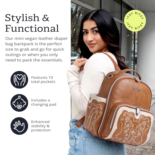 Itzy Ritzy Mini Diaper Bag Backpack – Chic, Compact Mini Plus Backpack with Changing Pad, 10 Pockets (6 Internal, 4 External), Grab-Top Handle & Rubber Feet (Saddle) - color: Saddle