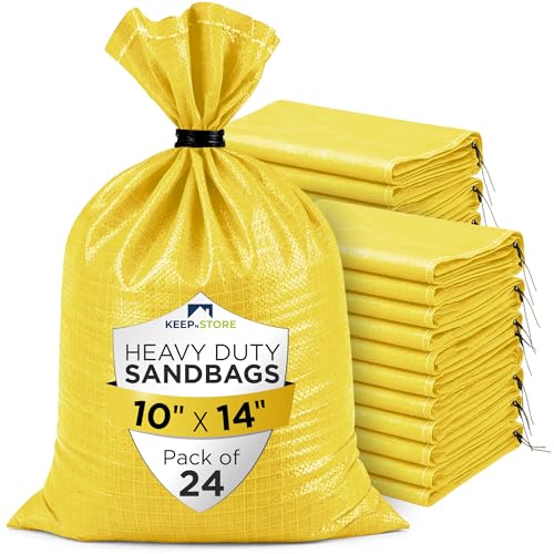 Heavy Duty Sand Bags Pack of 24, Bright Yellow Empty Sandbags with Built-In Ties, Woven Polypropylene UV Protection 1600 Hours, Fillable Bags for Flood Control, Weight, 10x14 inches, 15 Pounds Volume - size: 10"W x 14"L, style: Pack of 24