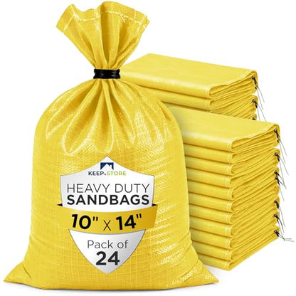 Heavy Duty Sand Bags Pack of 24, Bright Yellow Empty Sandbags with Built-In Ties, Woven Polypropylene UV Protection 1600 Hours, Fillable Bags for Flood Control, Weight, 10x14 inches, 15 Pounds Volume - size: 10"W x 14"L, style: Pack of 24