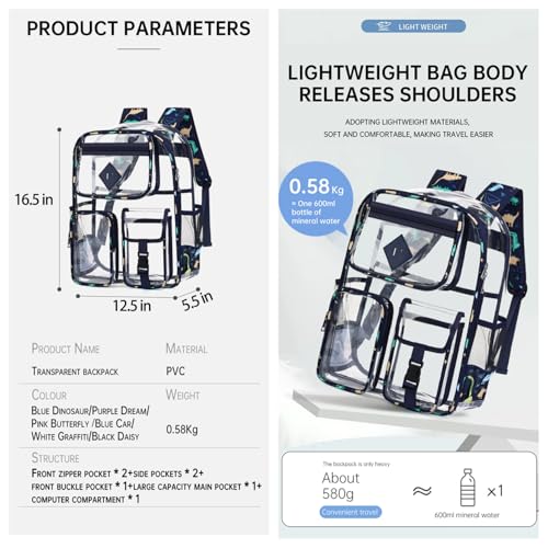 Clear Backpack-Heavy Duty PVC clear backpack for Stadium/Travel/Work,Dual Zippered Compartments&Mesh Side Pockets (blue Dinosaur) - color: Blue Dinosaur