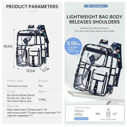 Clear Backpack-Heavy Duty PVC clear backpack for Stadium/Travel/Work,Dual Zippered Compartments&Mesh Side Pockets (blue Dinosaur) - color: Blue Dinosaur