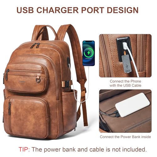 Vegan Leather Backpack, TSA Travel Backpack for Men and Women, Fits 17.0 Inch Laptop with Luggage Strap, Brown - color: Brown