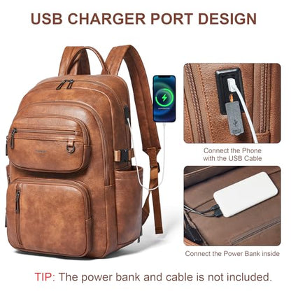 Vegan Leather Backpack, TSA Travel Backpack for Men and Women, Fits 17.0 Inch Laptop with Luggage Strap, Brown - color: Brown