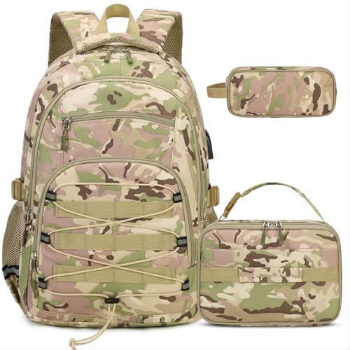 ACESAK Camo Backpack for Boys, Tactical Kids Backpack Boys, School Bags for Boy Children Teens Kids Elementary Middle High School, Military Bookbag and Lunch Bag Pencil Case Set with USB Charging Port - color: Khaki Camo