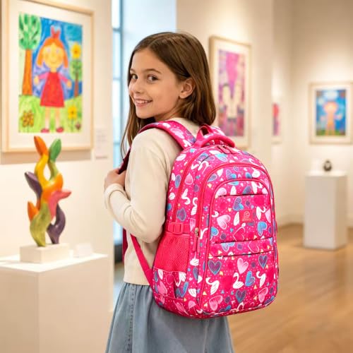 MYGOO Girls School Backpack Euclid Swan Pink Bookbag for Elementary Middle School Ages 5-12, 17 inch Large Capacity 24L Kids Student Travel Bags - color: Euclid Swan Pink