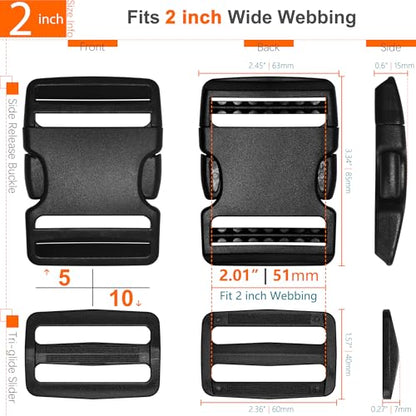 HISUNTEC 2 inch Straps Buckles Set: Nylon Webbing Strap 6 yard, Side Release Plastic Buckle 5 pack, Tri-glide Slide Clip 10 pcs, Heavy Duty Quick Snap Fasteners Dual Adjustable No Sewing Required - size: 2" x 6 yd Strap + 5 pack Buckles