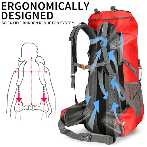 Hiking Backpack for Men and Women 70L+5L Waterproof Lightweight Camping Daypack with Rain Cover for Outdoor Travel Mountaineering - Frameless (Red) - color: Red