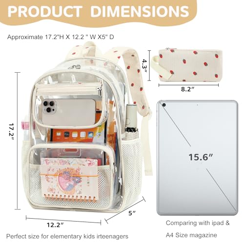 Bluboon Clear Backpack Heavy Duty Kids Boys Clear Bookbag See Through Backpacks with Pencil Case for College Work (Transparent Strawberry) - color: Transparent Strawberry