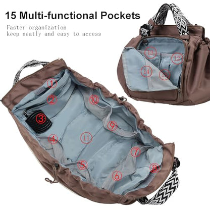Tote Bag Large Capacity Lightweight Backpack with 15 Pockets Nylon Shoulder Bag for Car Travel Mother Bag - color: Khaki