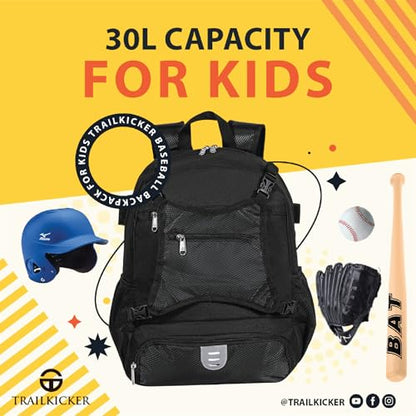 TRAILKICKER Baseball Bag for Boys and Girls Lightweight Youth Softball Backpack with Shoe Compartment and External Helmet Holder Durable and Waterproof