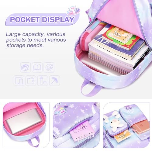 FIXITOK Girls Backpack Set, 3PCS Kids Backpack for Girls, Kawaii Bunny School Backpacks for Girl Kindergarten Elementary Preschool Middle School Bags with Lunch Box Pencil Case Dreamy-Purple - color: Dreamy-purple