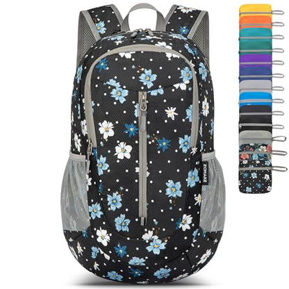 ZOMAKE Ultra Lightweight Packable Backpack 25L, Foldable Hiking Backpacks Water Resistant Small Folding Daypack for Travel(Black, White Polka Dot Floral) - color: Black, White Polka Dot Floral