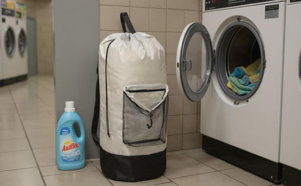 Laundry Bag Backpack with Shoulder Straps and Mesh Pocket Laundry Backpack Large Portable Laundry Hamper for College Laundromat Apartment with Drawstring Closure, Adjustable Back Straps (Khaki) - color: Khaki