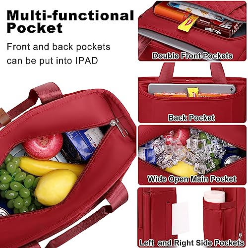 AIJIEKE Large Insulated Lunch Bag for Women, Leakproof Work Lunch Box Tote | Keeps food fresh 8-12 hours. Spacious multi-pocket design with a removable strap. Water-resistant and easy-wipe interior - color: Red