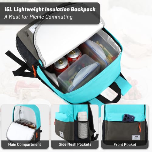 MIER Insulated Backpack Cooler Small Leakproof Lightweight Cute for Women Men to Work, Picnics, Camping, Park Day Trips, 15 L - color: Peacock blue/dark gray